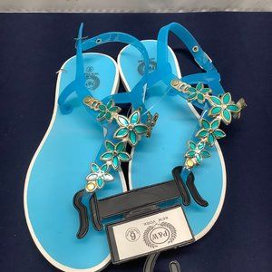 BRIGHT BLUE WITH BLUE FLOWERS STRAP SANDALS - NEW